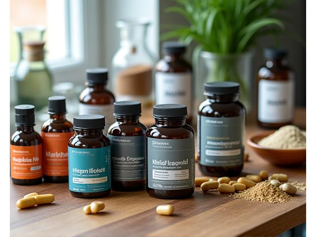 A diverse collection of men's health supplements, neatly arranged on a natural wood surface.